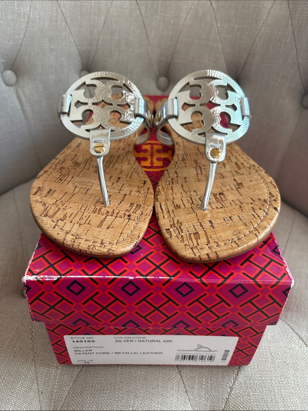 NWT Tory Burch Silver Metallic Miller Cork Thong Sandals